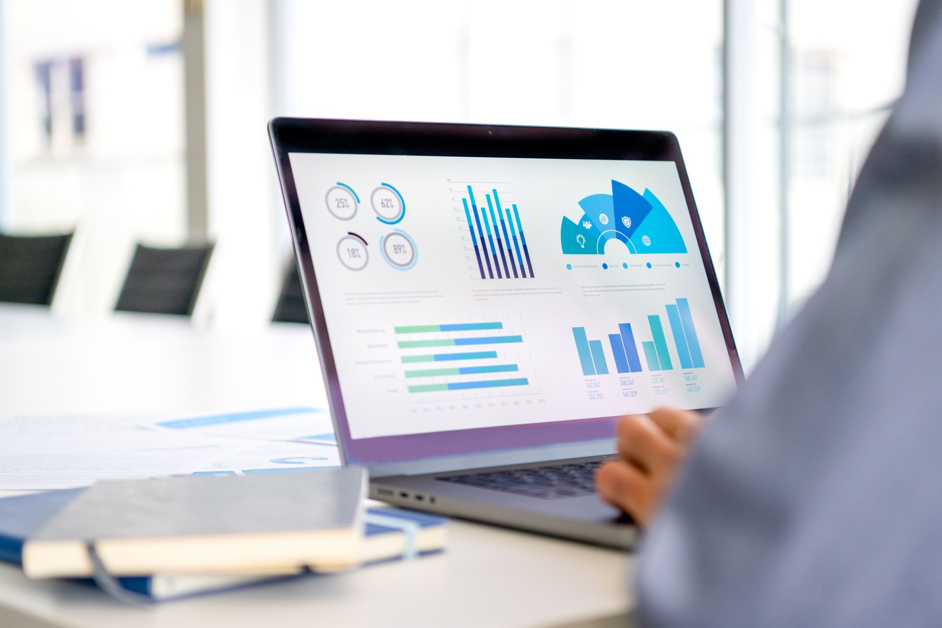 Close up of businessman using a laptop with graphs and charts on a laptop computer.